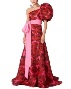 Carolina Herrera One-Shoulder Puff Sleeve Silk Gown Women Dresses